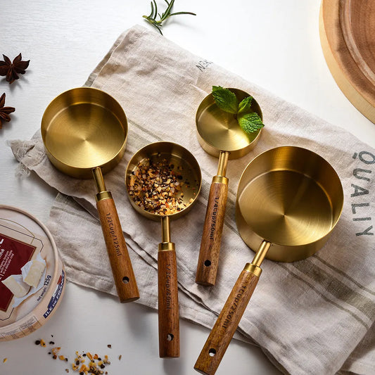Stainless Steel Measuring Cups & Spoons with Wooden Handles